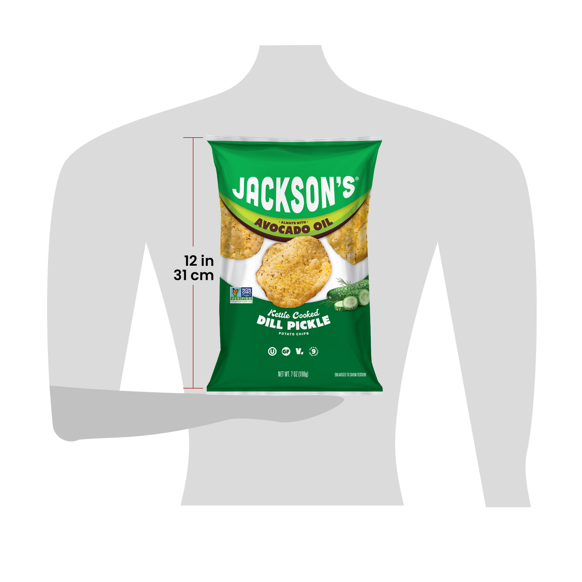 Size for scale of a 7oz bag of Jackson's 12in tall