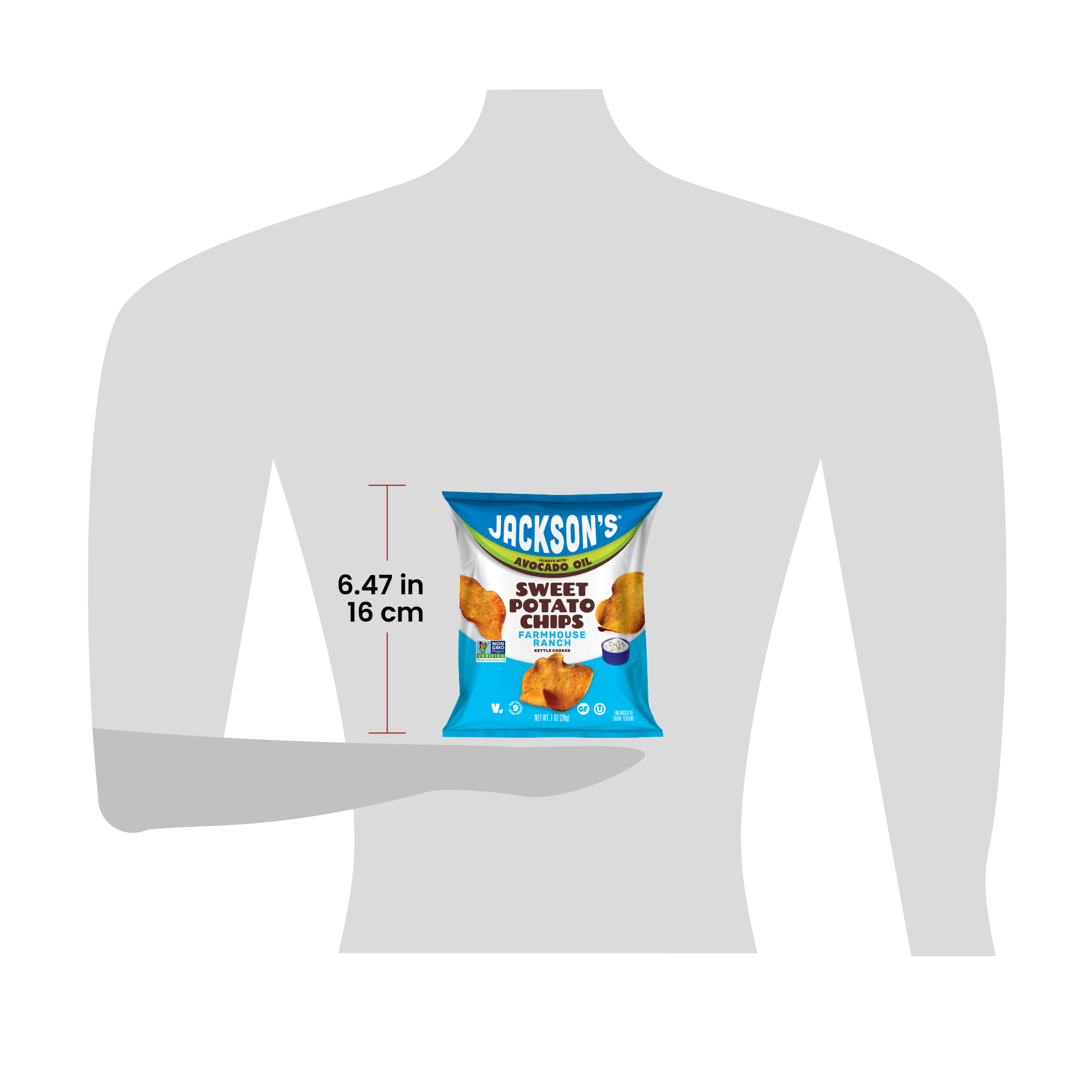 Size for scale of a 1oz bag of Jackson's 6.47in tall