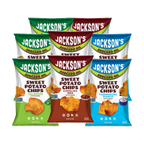 Six bags of Jackson's Sweet Potato Chips arranged in two rows on a plain white background. The front row includes a green Jalapeño bag, a brown Carolina BBQ bag, and a blue Farmhouse Ranch bag.
