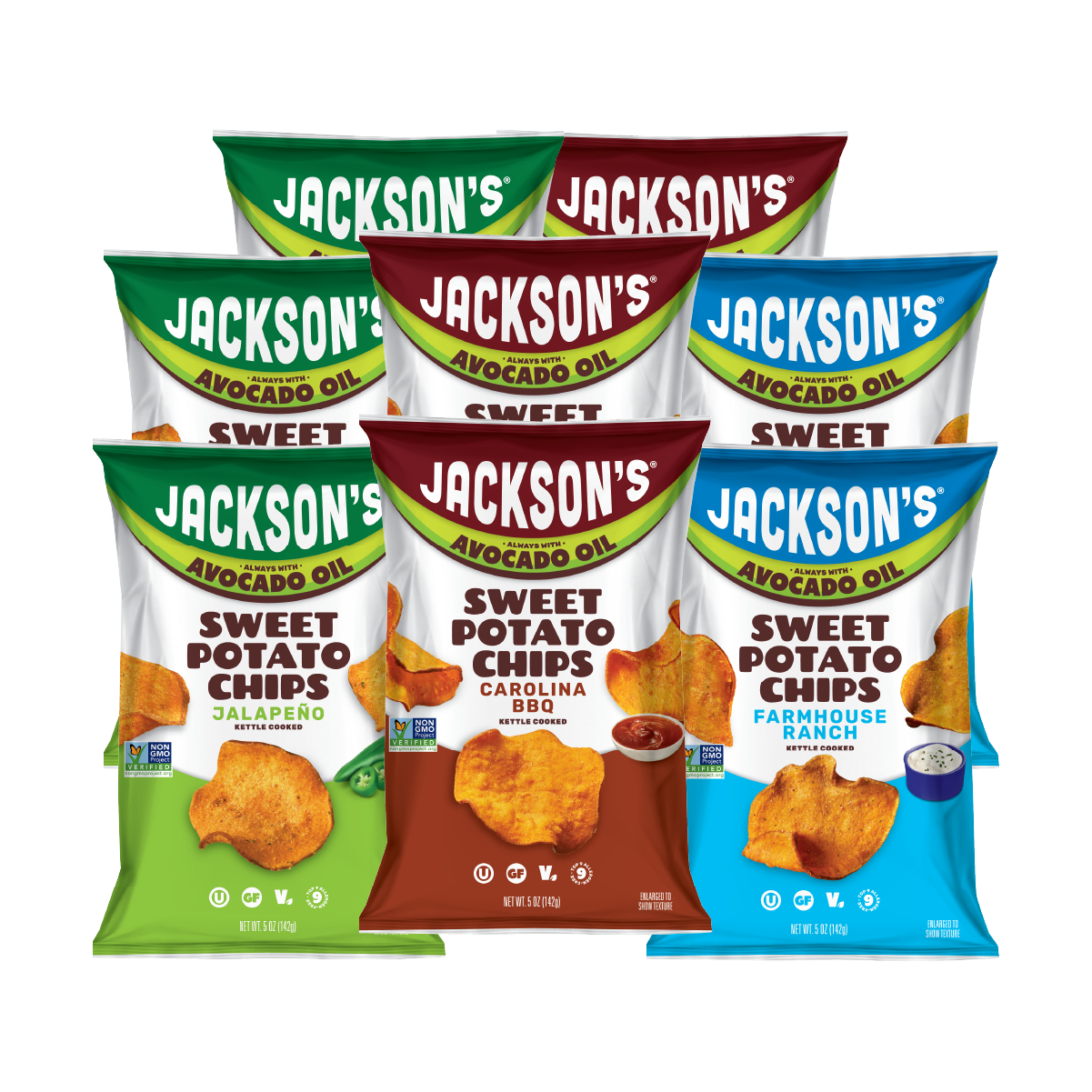 Six bags of Jackson's Sweet Potato Chips arranged in two rows on a plain white background. The front row includes a green Jalapeño bag, a brown Carolina BBQ bag, and a blue Farmhouse Ranch bag.