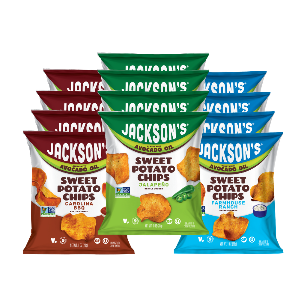 Jackson's Sweet Potato Chips in flavors Carolina Barbecue, Spicy Jalapeño, and Farmhouse Ranch, 1 oz bags