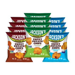 Jackson's Sweet Potato Chips in flavors Carolina Barbecue, Spicy Jalapeño, and Farmhouse Ranch, 1 oz bags
