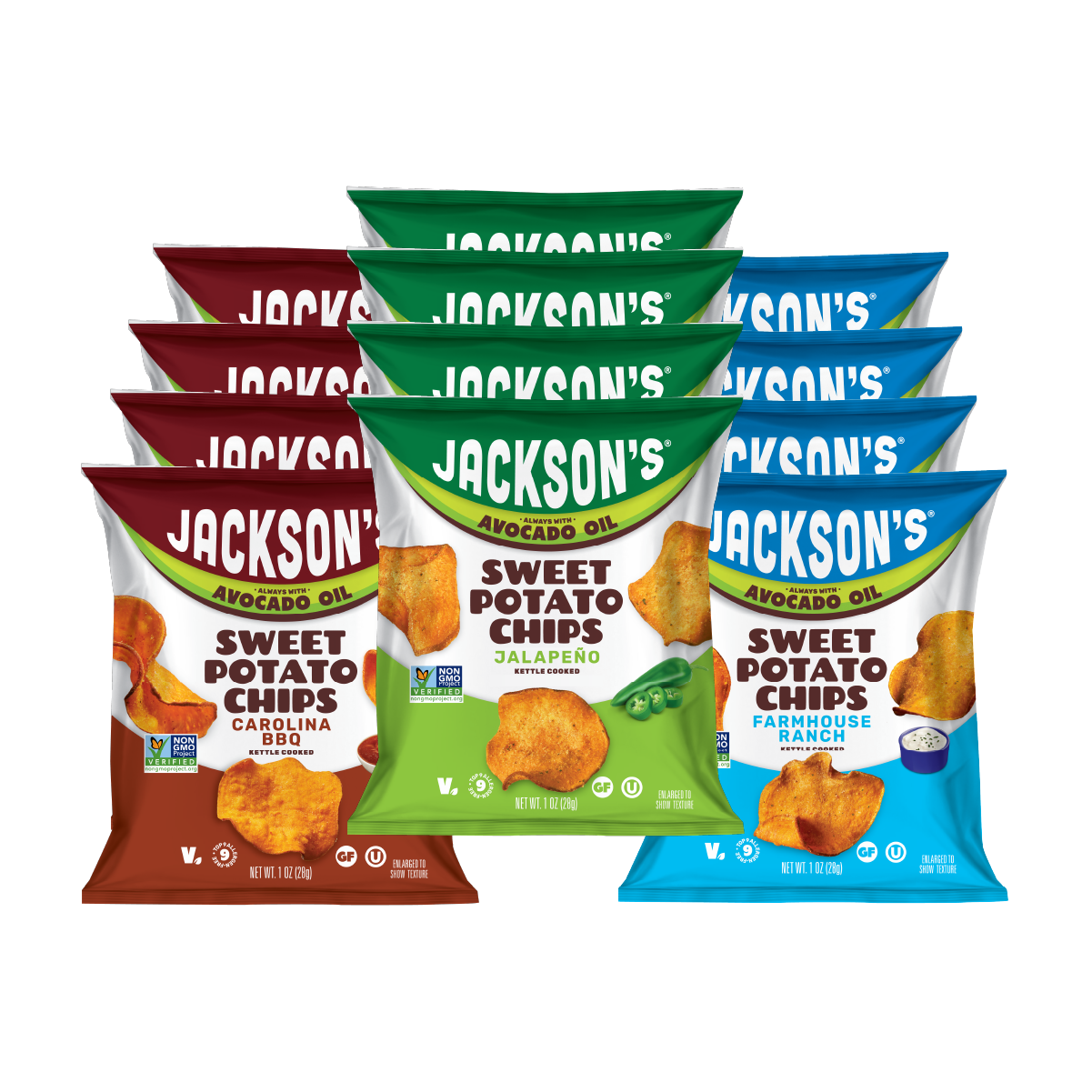 Jackson's Sweet Potato Chips in flavors Carolina Barbecue, Spicy Jalapeño, and Farmhouse Ranch, 1 oz bags