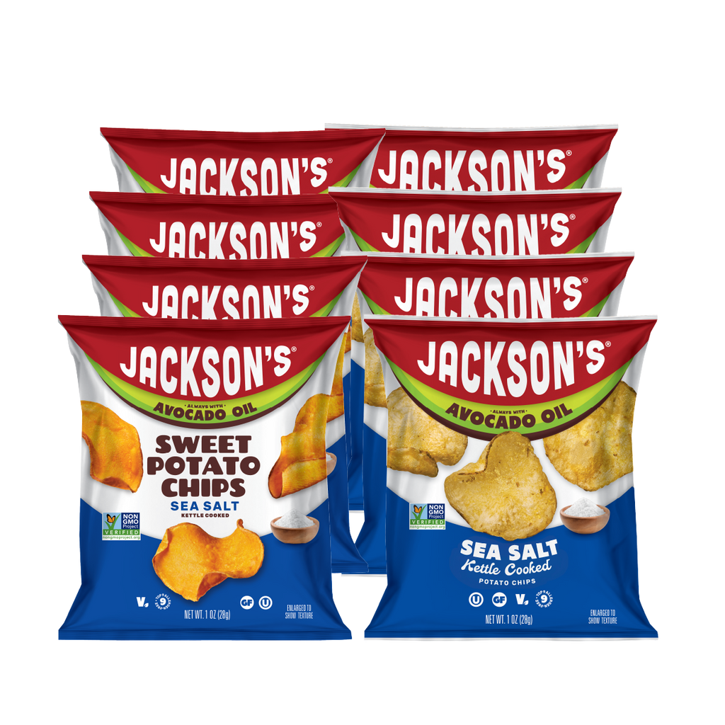 Jackson's Kettle Sweet Potato Chip bags and Jackson's Kettle Potato Chip Bags, all in sea salt. 4 of each flavor shown from a pack of 30.