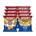 Jackson's Kettle Sweet Potato Chip bags and Jackson's Kettle Potato Chip Bags, all in sea salt. 4 of each flavor shown from a pack of 30.
