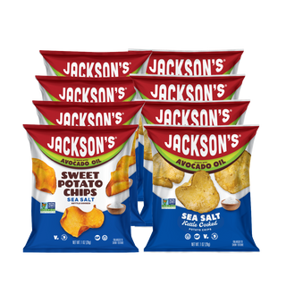 Jackson's Kettle Sweet Potato Chip bags and Jackson's Kettle Potato Chip Bags, all in sea salt. 4 of each flavor shown from a pack of 30.