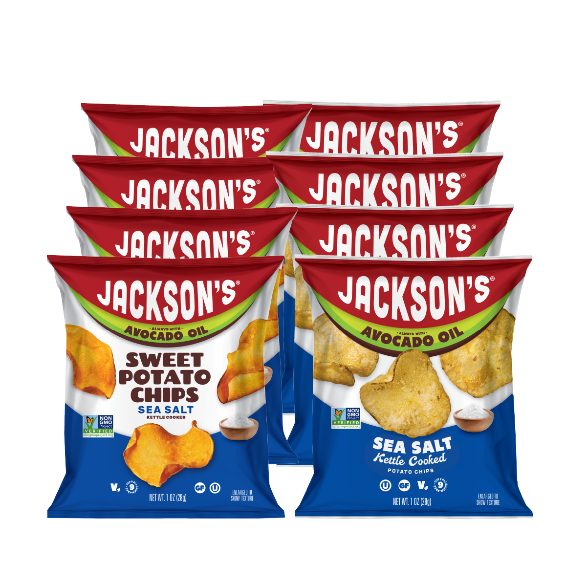 Jackson's Kettle Sweet Potato Chip bags and Jackson's Kettle Potato Chip Bags, all in sea salt. 4 of each flavor shown from a pack of 30.