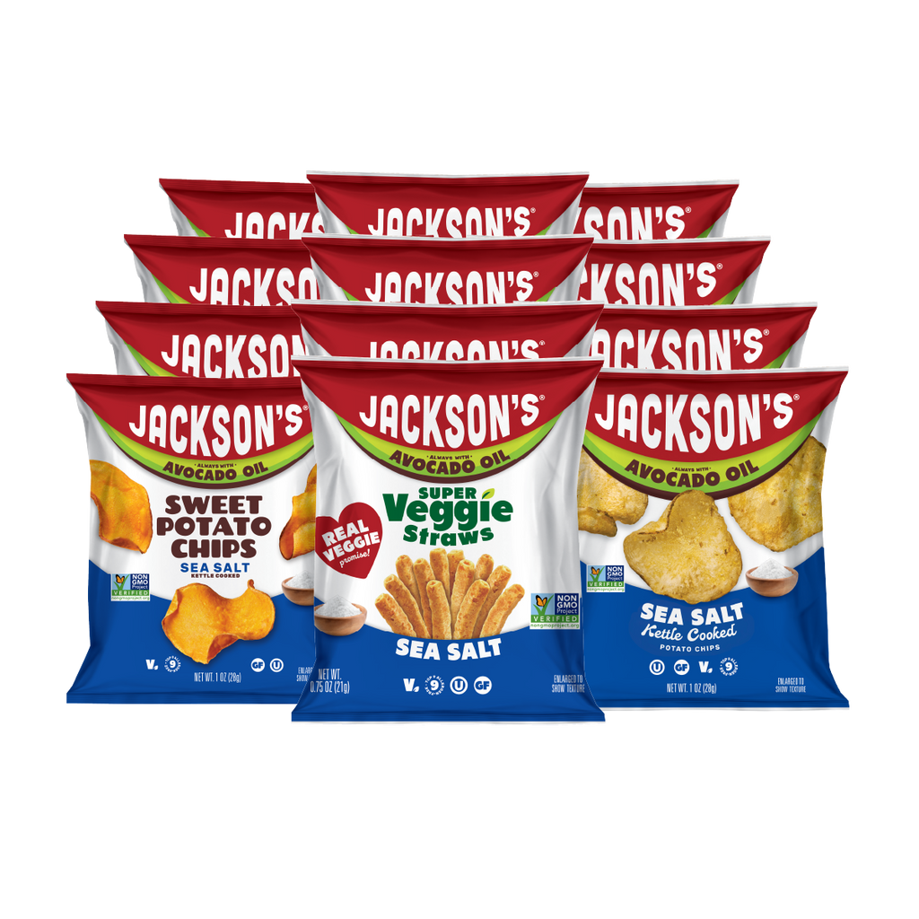Jackson's Sea Salt Variety Pack Snacks, snack size bags, sweet potato chips, kettle chips and super veggie straws. All cooked in avocado oil. Glute free, dairy free, vegan, free of top 9 allergens. All Sea Salt flavors.