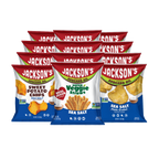 Jackson's Sea Salt Variety Pack Snacks, snack size bags, sweet potato chips, kettle chips and super veggie straws. All cooked in avocado oil. Glute free, dairy free, vegan, free of top 9 allergens. All Sea Salt flavors.