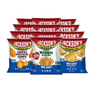 Jackson's Sea Salt Variety Pack Snacks, snack size bags, sweet potato chips, kettle chips and super veggie straws. All cooked in avocado oil. Glute free, dairy free, vegan, free of top 9 allergens. All Sea Salt flavors.