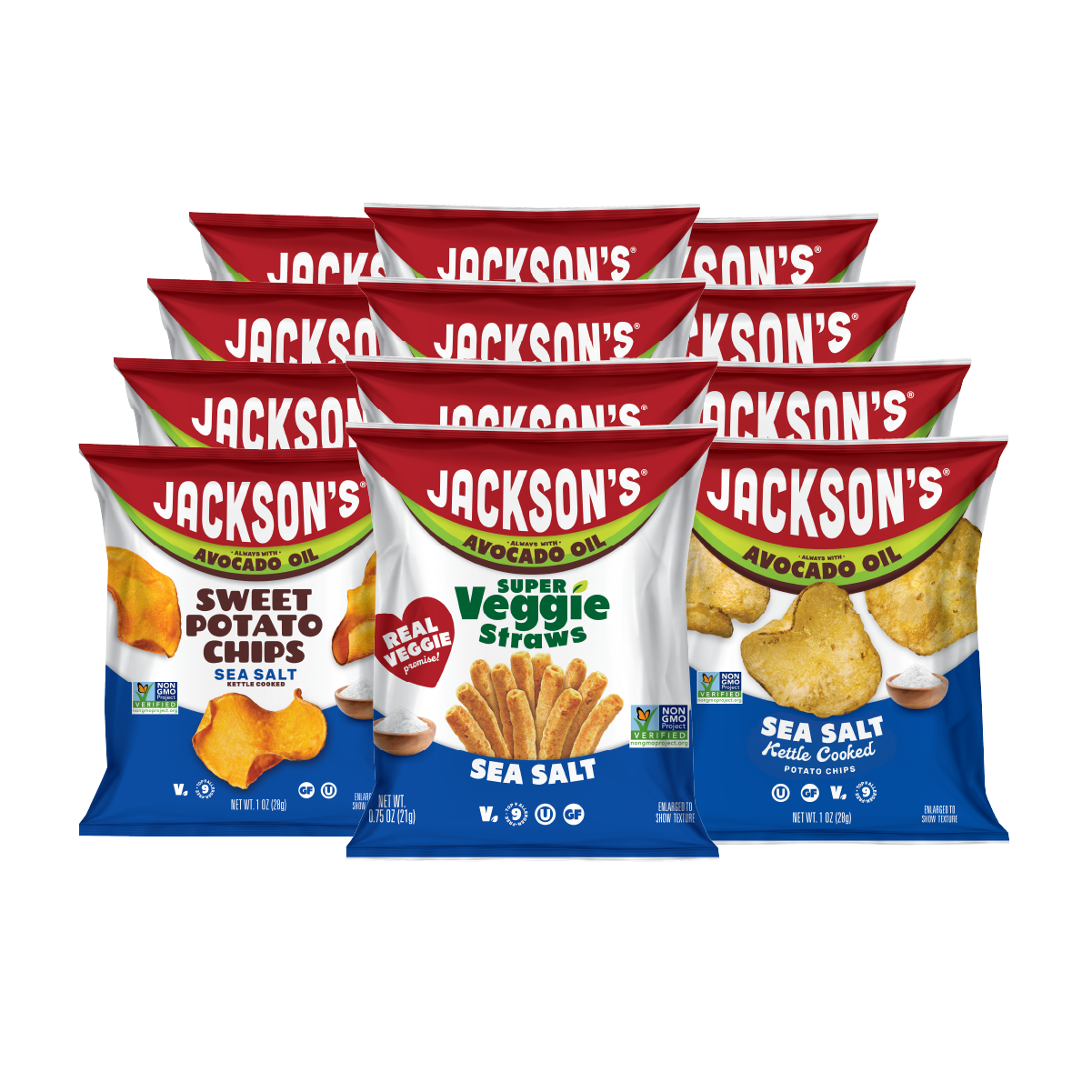 Jackson's Sea Salt Variety Pack Snacks, snack size bags, sweet potato chips, kettle chips and super veggie straws. All cooked in avocado oil. Glute free, dairy free, vegan, free of top 9 allergens. All Sea Salt flavors.