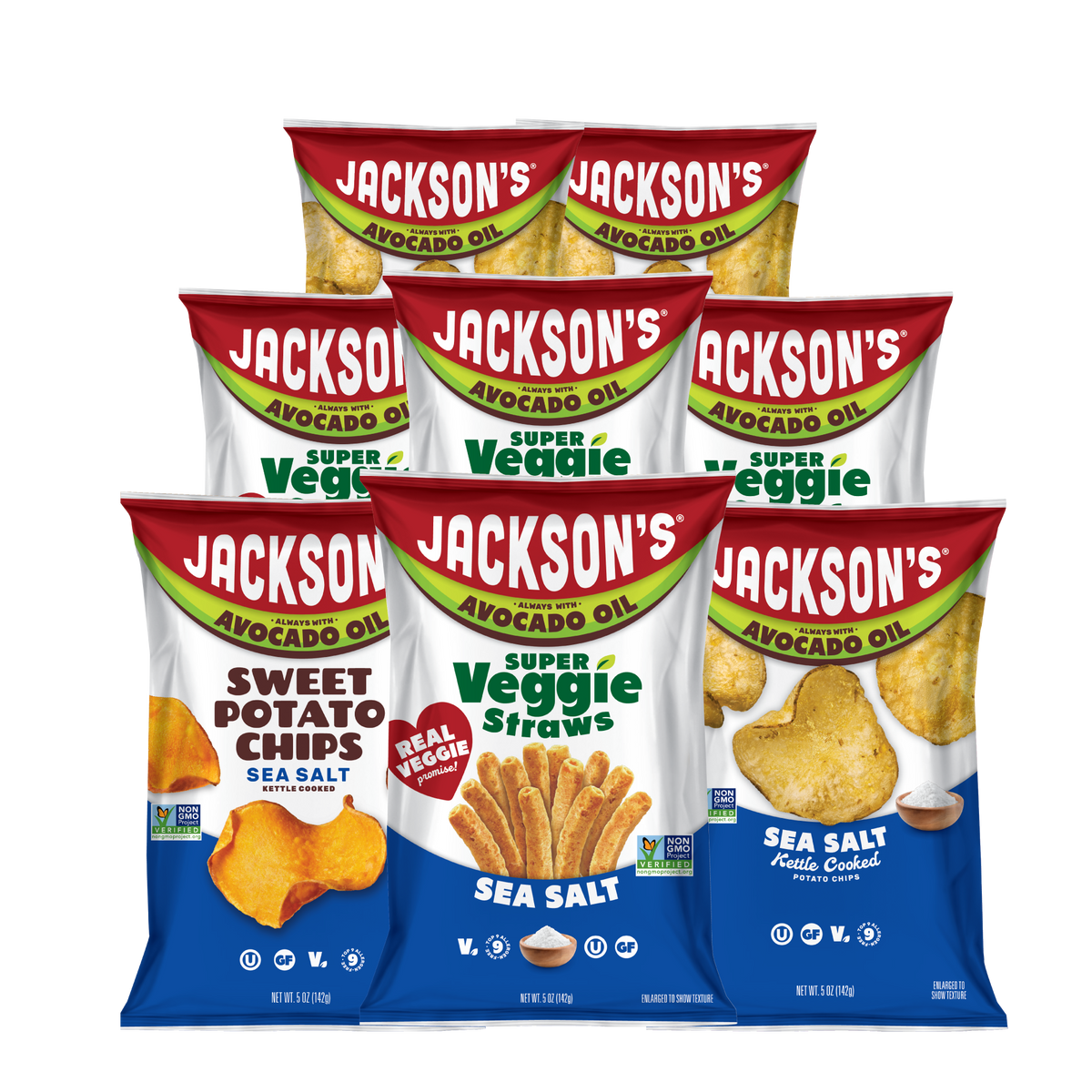 Six bags of Jackson's Super Veggie potato chips in Sea Salt flavor arranged in two rows against a plain white background. The front row features Sweet Potato Chips and Veggie Straws, while the back row features Veggie Straws and Avocado Chips.