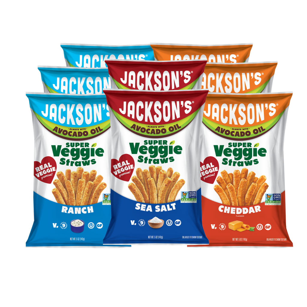 Three bags of Jackson's Super Veggie Straws avocadosoil snack chips arranged in a fan shape on a white background. The front bags are Ranch (blue), Sea Salt (blue), and Cheddar (orange), with additional bags of each flavor fanned behind them.