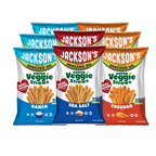 Three bags of Jackson's Super Veggie Straws avocadosoil snack chips arranged in a fan shape on a white background. The front bags are Ranch (blue), Sea Salt (blue), and Cheddar (orange), with additional bags of each flavor fanned behind them.