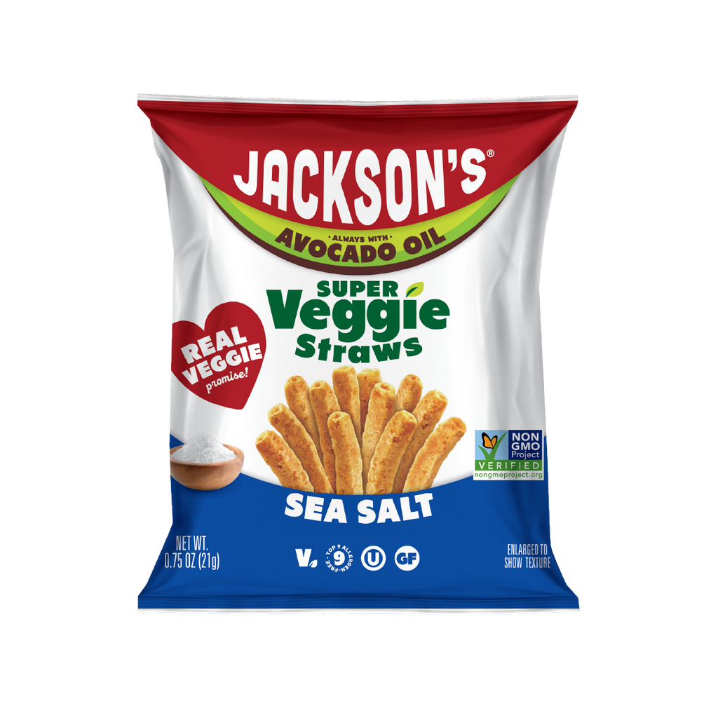 Jackson's Super Veggie Straws Sea Salt flavor veggie straws made with real veggies and cooked in avocado oil. Snack size bag 0.75oz. Perfect for kids.