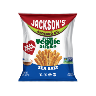 Jackson's Super Veggie Straws Sea Salt flavor veggie straws made with real veggies and cooked in avocado oil. Snack size bag 0.75oz. Perfect for kids.