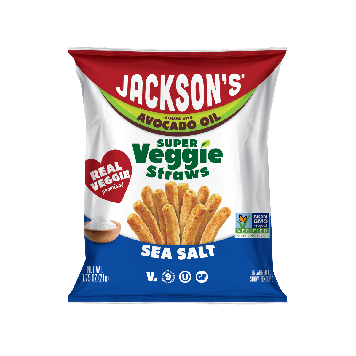 Jackson's Super Veggie Straws Sea Salt flavor veggie straws made with real veggies and cooked in avocado oil. Snack size bag 0.75oz. Perfect for kids.