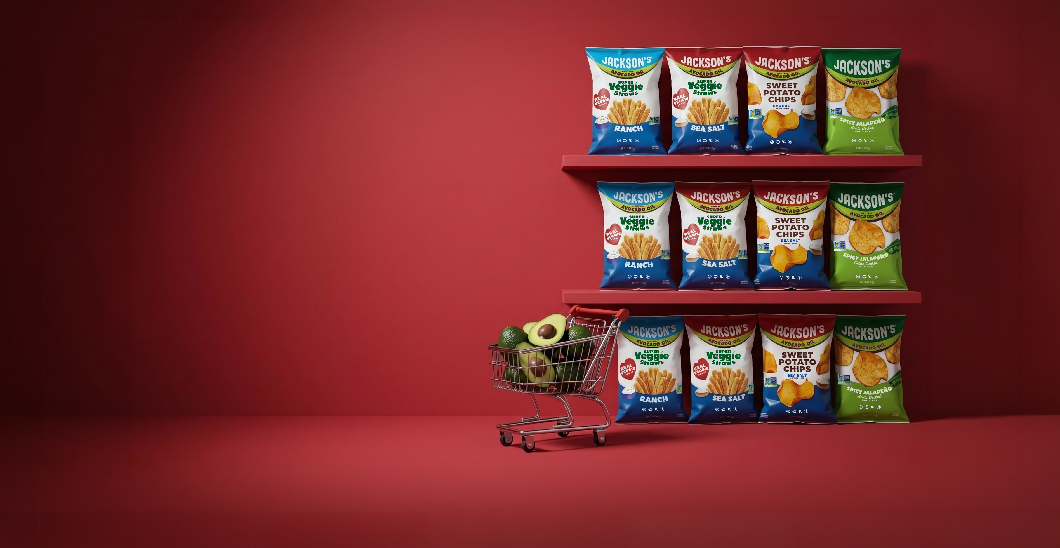 Shopping cart with multiple bags on shelfs