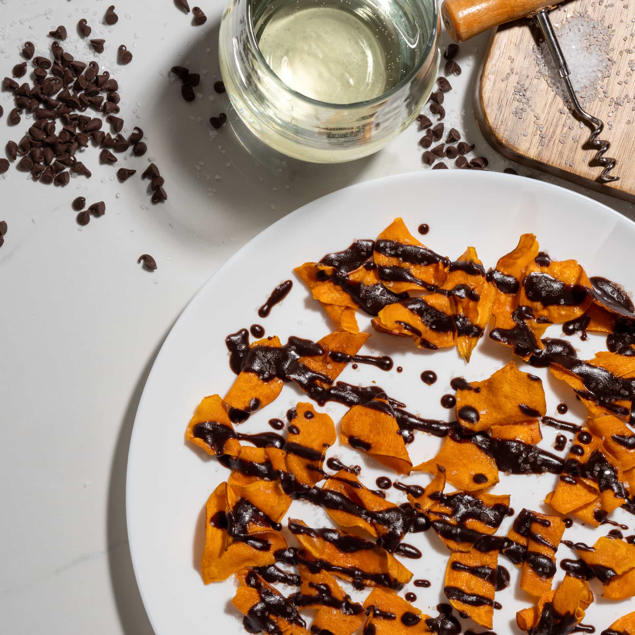 Sweet Potato Chips Kettle Cooked in coconut oil, dipped in chocolate for the perfect snack.